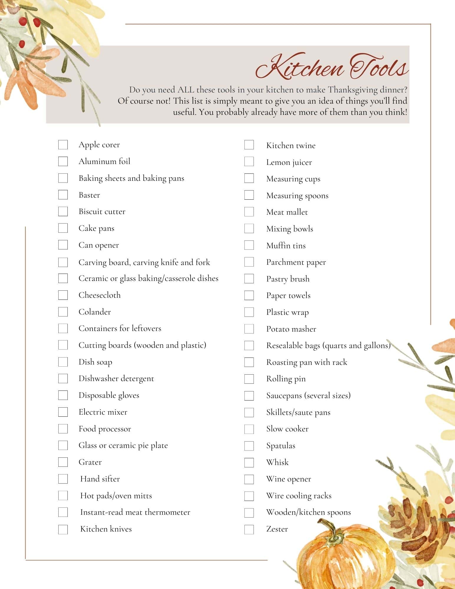 A checklist titled Kitchen Tools lists various items needed for cooking, especially for Thanksgiving, with checkboxes next to each item. Decorative autumn leaves and pumpkins border the page.
