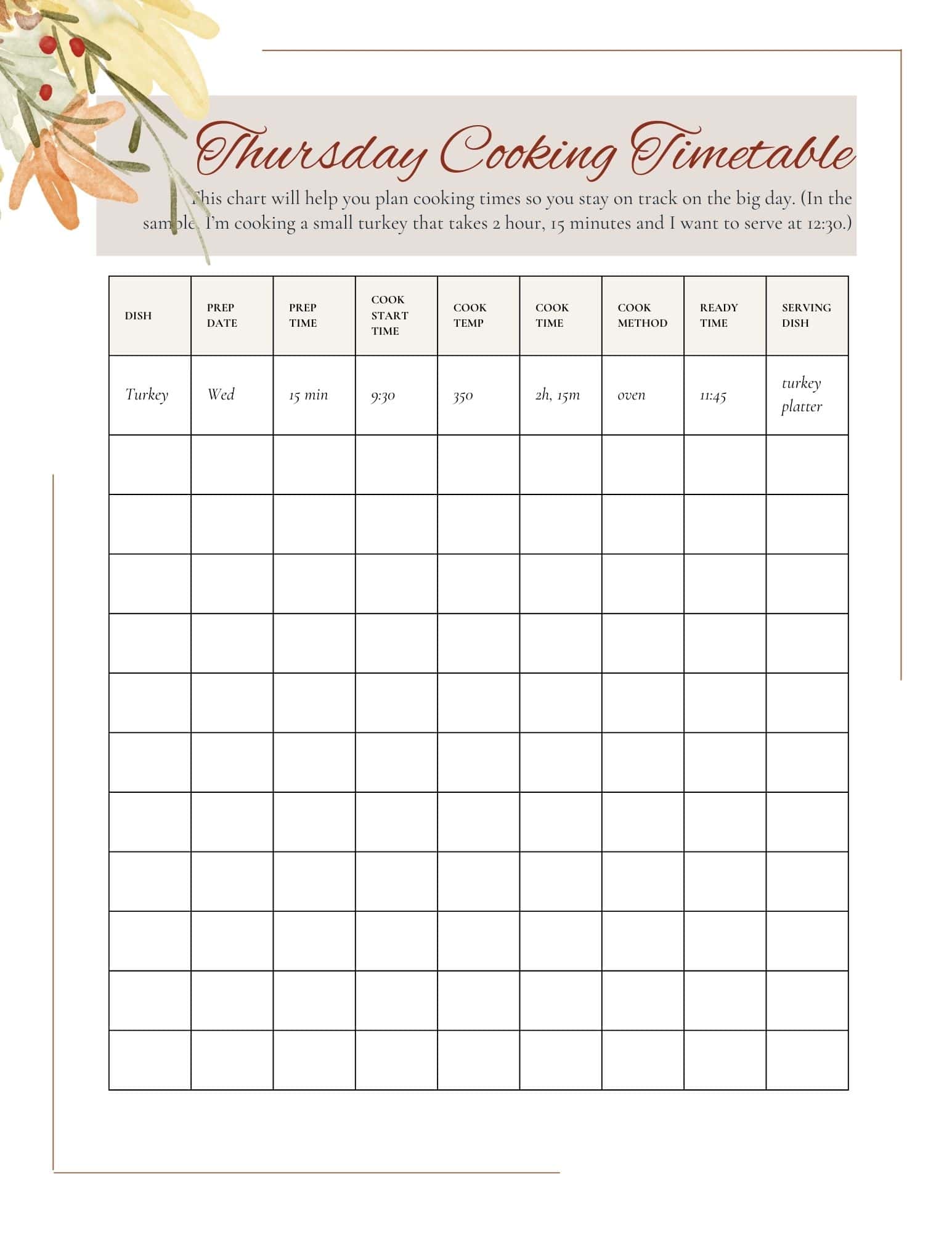 A printable Thursday cooking timetable chart with columns for dish, prep date, prep time, cook start time, cook temp, cook time, cook method, ready time, and serving dish. Sample entry for turkey filled in.