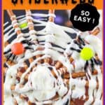 A close-up of a chocolate pretzel spiderweb snack with white chocolate drizzled over pretzels, decorated with candy spiders and colorful round candies. The text promotes the treat as so easy and offers a recipe link.