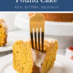 A slice of glazed pumpkin pound cake on a plate, pierced by a gold fork.