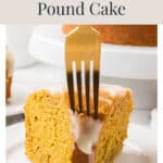 A fork inserted into a slice of glazed pumpkin pound cake on a plate.
