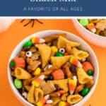 Bowl of Halloween snack mix featuring candy corn, pumpkins, chocolate pieces, pretzels, and edible candy eyes.