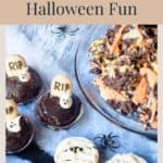Halloween-themed cupcakes with tombstone toppers, mummy cookies, and chocolate bark.