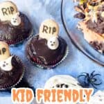 Several chocolate cupcakes are decorated with “RIP” cookies and white ghost-shaped candies. Plastic spiders and a bowl of Halloween snacks are nearby. The text reads “Kid Friendly Halloween Ideas,” with a website URL at the bottom.