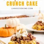 Pumpkin pecan crunch cake served on plates with whipped cream, next to small pumpkins, and a baking dish in back.
