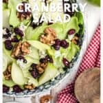 A bowl of salad with apple slices, cranberries, walnuts, and greens on a table with a red checkered cloth.