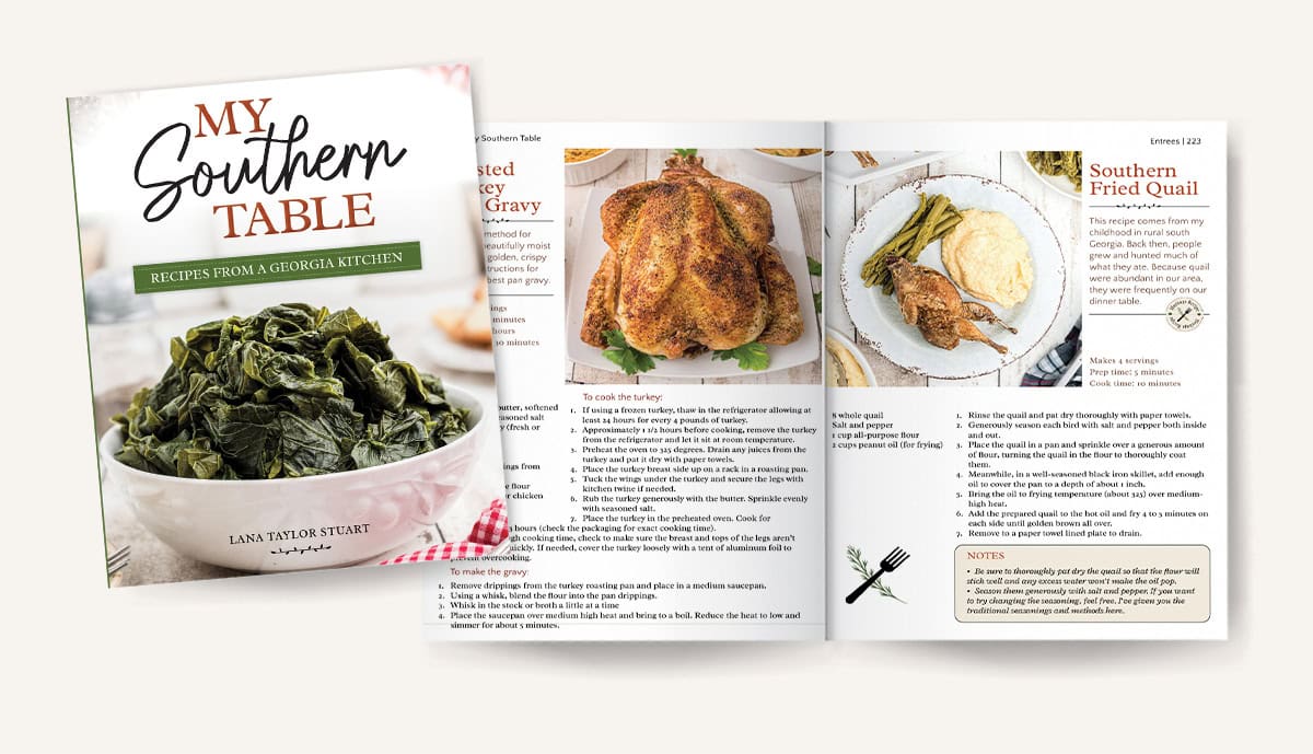 Mockup of pages 222-223 in My Southern Table cookbook.