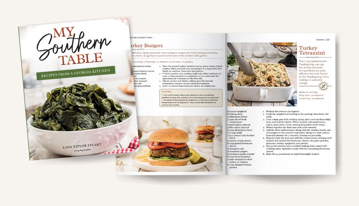 Mockup of pages 220-221 in My Southern Table cookbook.