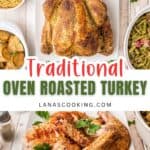 Whole roasted turkey and turkey slices served on platters, surrounded by side dishes on a rustic table.