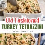 A baking dish of turkey tetrazzini with pasta and herbs, a serving being lifted with tongs.