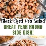 A bowl of black-eyed pea salad topped with onions, with text: Great Year Round Side Dish!.
