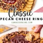 Pecan cheese ring with red jam center, surrounded by crackers; cracker topped with cheese in hand.