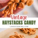 Hand holding a piece of haystacks candy; more candies rest on parchment paper below.