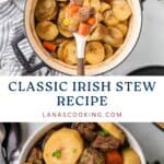 Top-down view of a pot of Irish stew with meat, potatoes, carrots, and celery next to text about the recipe.