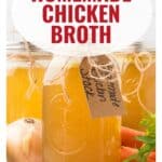 Jars of homemade chicken broth with tags, surrounded by vegetables, and website www.lanascooking.com displayed.