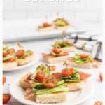 Small BLT sandwich bites on toothpicks, garnished with cherry tomatoes and lettuce, served on a white plate.