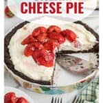 A chocolate crust cream cheese pie topped with strawberries, with a slice removed on a floral plate.