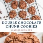 A cooling rack with double chocolate chunk cookies, plus a close-up of a single cookie on a white surface.