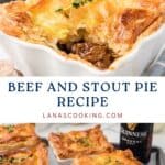 Golden beef and stout pies with flaky crusts served in white dishes, garnished with fresh thyme.
