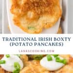 Golden Irish boxty potato pancakes topped with sour cream and chopped green onions on a white plate.