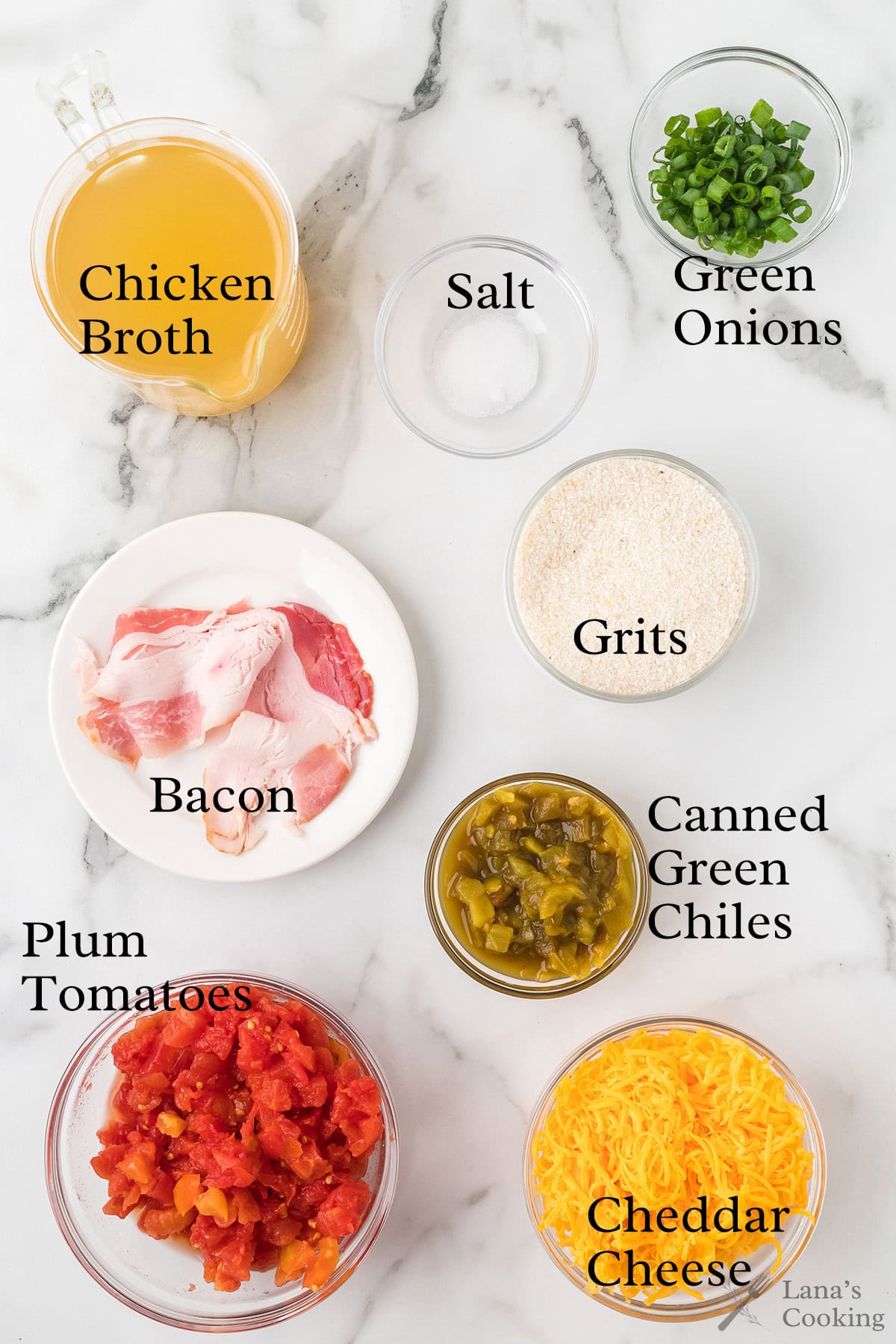 Ingredients needed for the recipe shown in individual bowls in a flat layout shot from overhead.