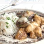 Plate with chicken, mushrooms in white wine sauce, and white rice, garnished with parsley.