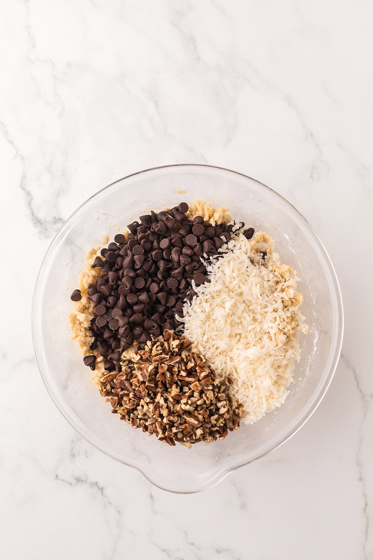 Coconut, pecans, and chocolate chips added to the cookie dough.
