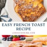 Two plates of French toast dusted with powdered sugar, served with berries, fork, and napkin on the table.