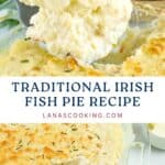 A serving of creamy fish pie topped with mashed potatoes is being scooped from a glass baking dish.