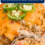 Close-up of cheesy casserole topped with sliced jalapeños, with text John Wayne Casserole Recipe.