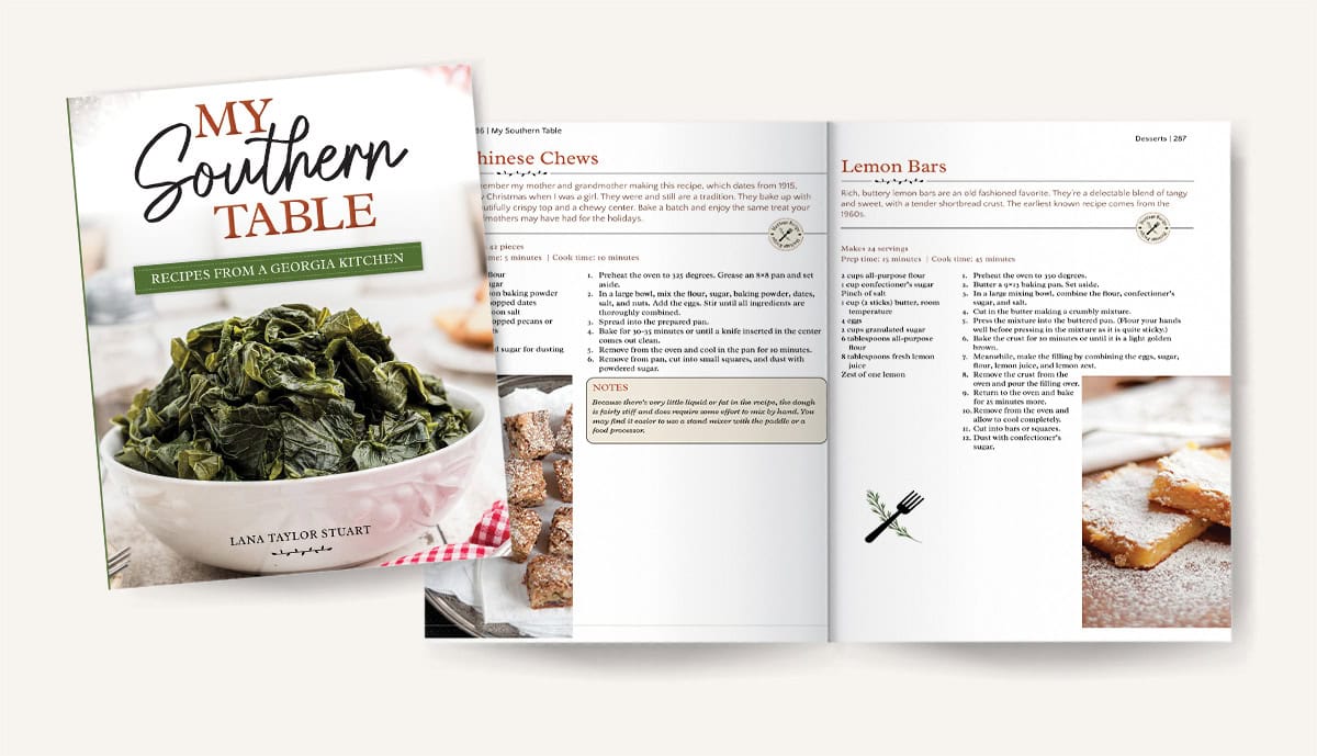 A southern cookbook cover and an open page showing recipes for Chinese Chews and Lemon Bars with photos.