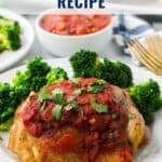 Baked chicken breast topped with salsa and parsley, served with broccoli. Text reads Easy Salsa Chicken Recipe.
