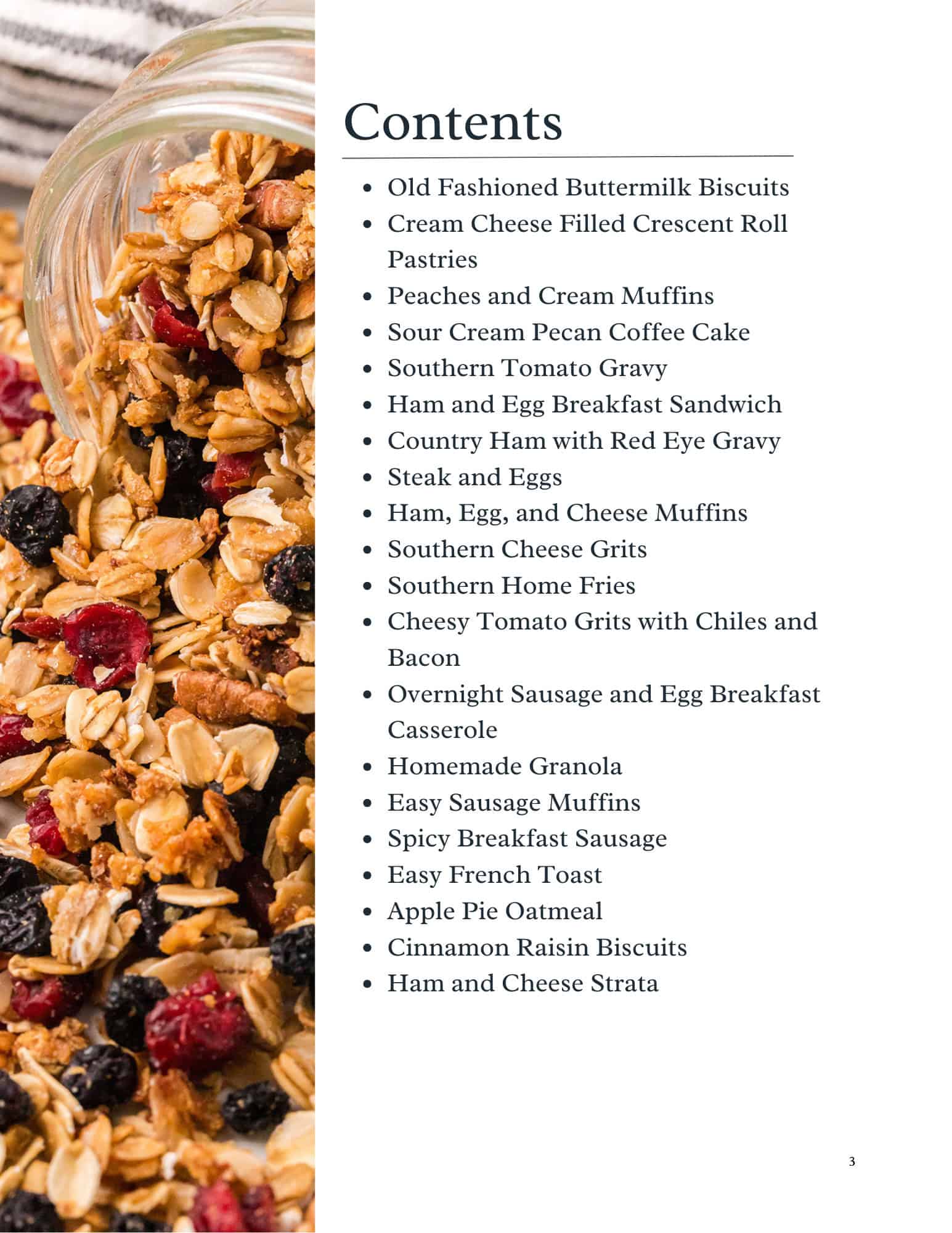 A clear glass jar tipped over, spilling granola with dried fruit onto a white surface. Next to the jar is a white page listing various breakfast foods under the heading Contents.