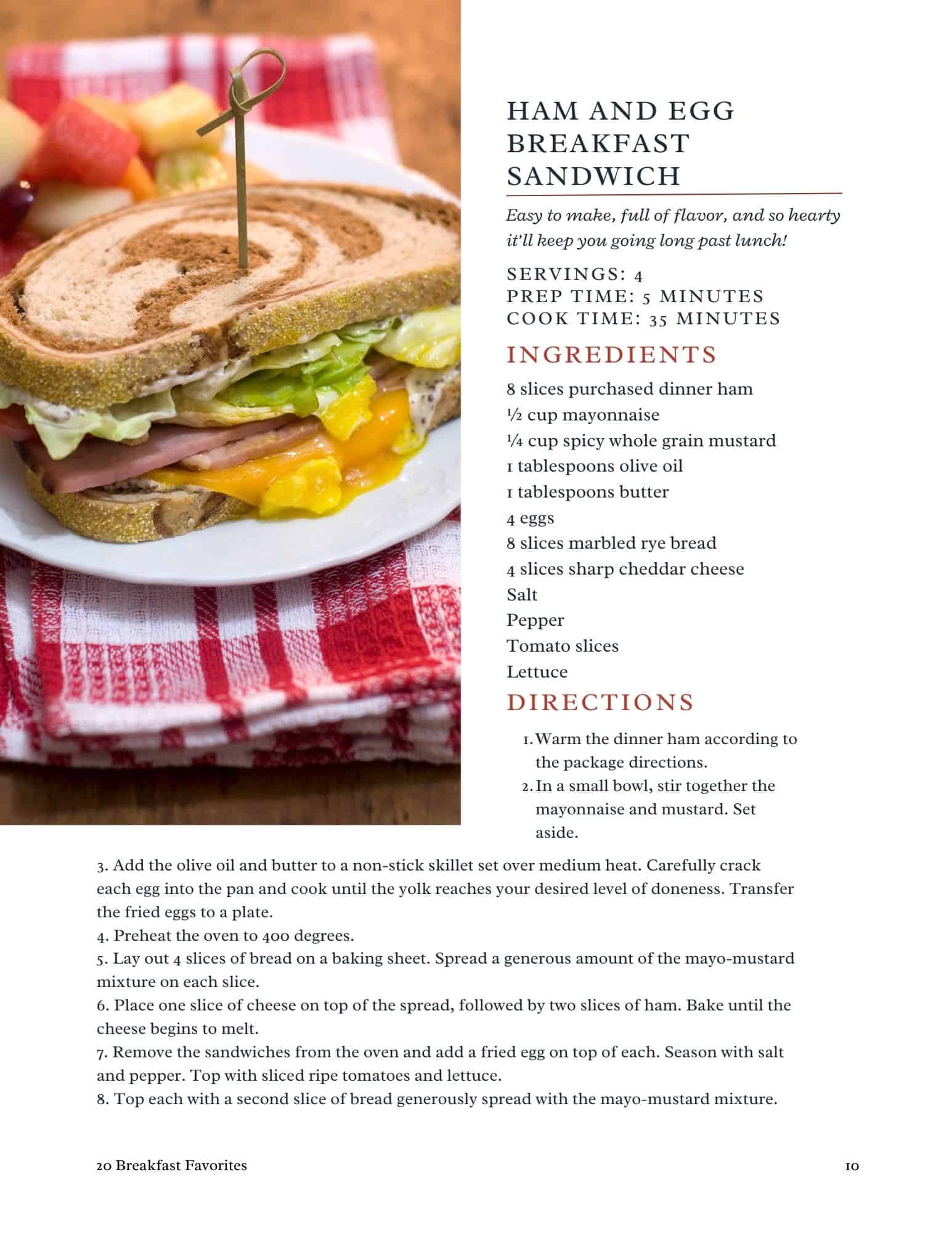 A recipe page titled Ham and Egg Breakfast Sandwich with a close-up photo of a sandwich featuring egg, ham, cheese, tomato, lettuce, and sauce on toasted bread, with ingredients and directions listed beside it.