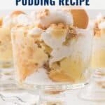 A glass dish of banana pudding with cookies and meringue, labeled Southern Banana Pudding Recipe.