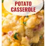 Close-up of a cheesy ham and potato casserole with herbs, topped with text: Cheesy Ham & Potato Casserole.
