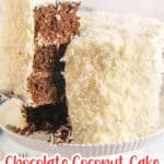 Finished chocolate coconut cake cut so that the interior is showing.