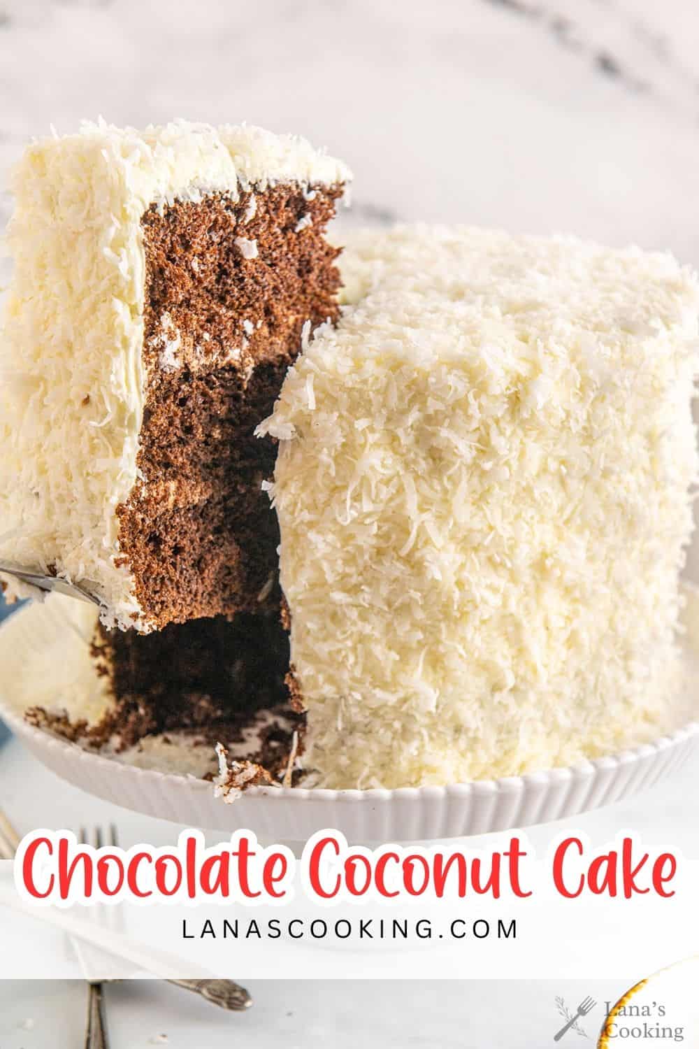 Finished chocolate coconut cake cut so that the interior is showing.