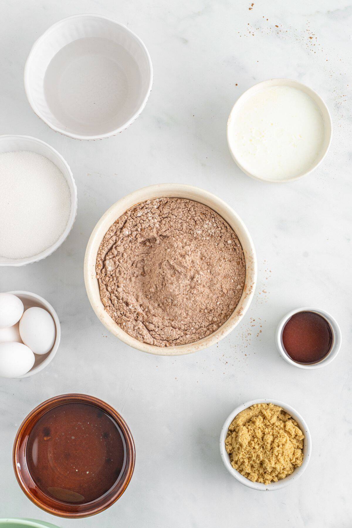 Flour, cocoa powder, baking powder, baking soda, and salt in a bowl.