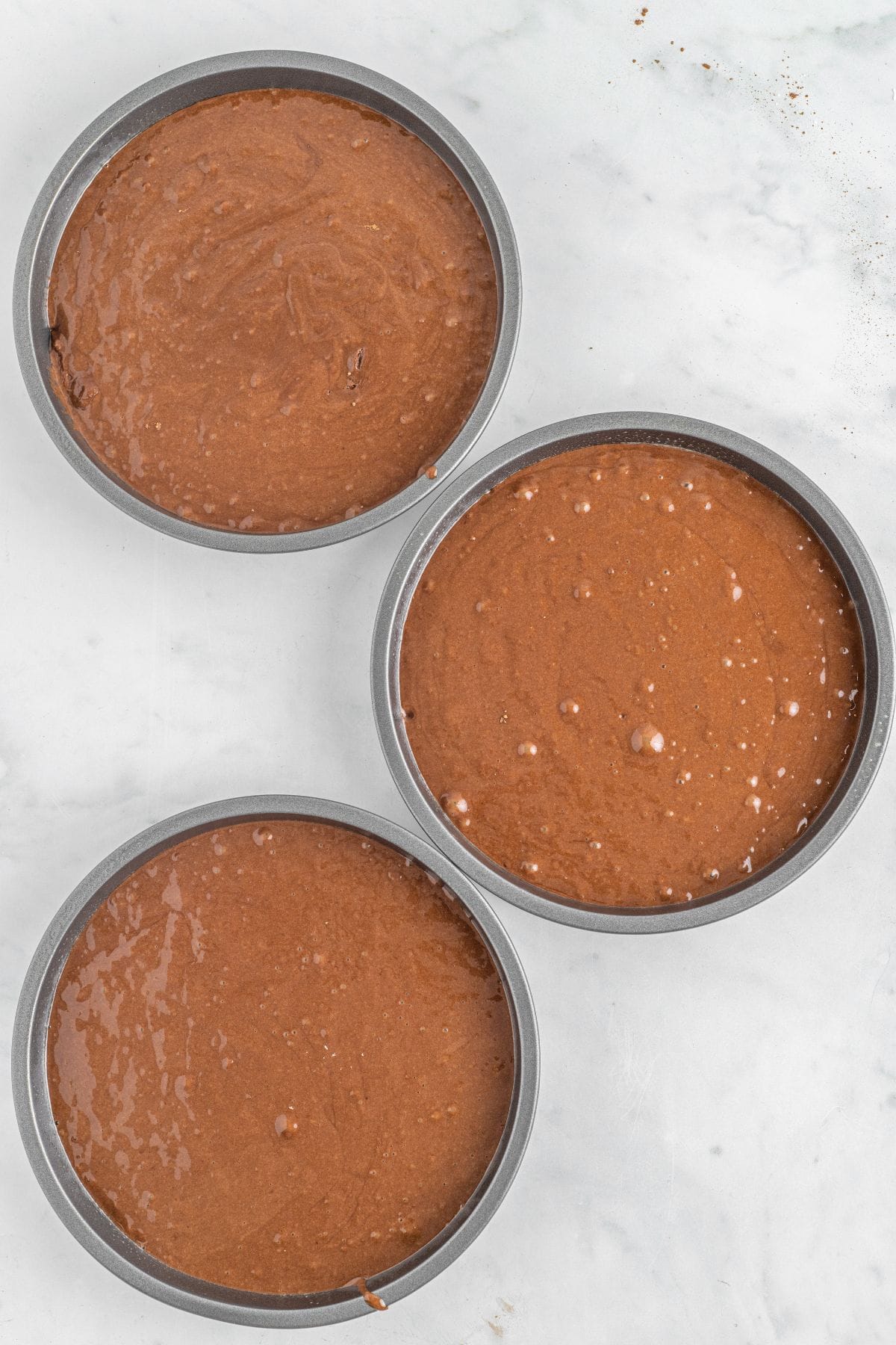 Cake batter added to prepared pans.