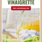 A glass pitcher pours vinaigrette onto fresh lettuce, with Classic Vinaigrette text above.