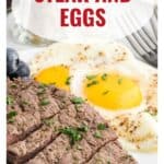 Sliced steak and two sunny-side-up eggs on a white plate, with blueberries and a fork in the background.