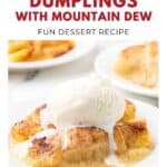 Apple dumplings topped with vanilla ice cream and sauce, on a white plate, with text about the recipe.
