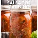 Three jars filled with homemade salsa, with text promoting an easy basic salsa canning guide.