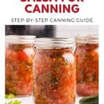 Three jars of homemade salsa with vegetables inside, labeled as an easy basic salsa for canning recipe guide.