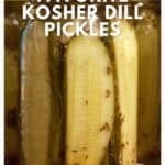 A jar of kosher dill pickles with text overlay promoting a favorite family recipe.