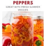 A jar of pickled peppers surrounded by fresh colorful peppers on a white surface.