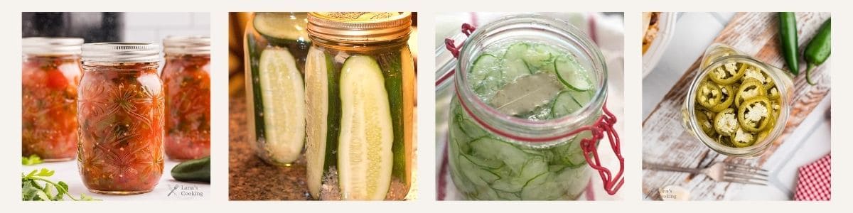 Four jars filled with different homemade pickled vegetables, including salsa, cucumber spears, sliced cucumbers, and refrigerator pickled peppers, displayed on various surfaces.