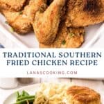 Plates of golden, crispy fried chicken with green beans, mashed potatoes, and a biscuit on the side.