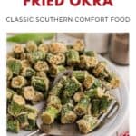 Plate of golden, crispy fried okra pieces with a serving spoon on a white dish, garnished for serving.